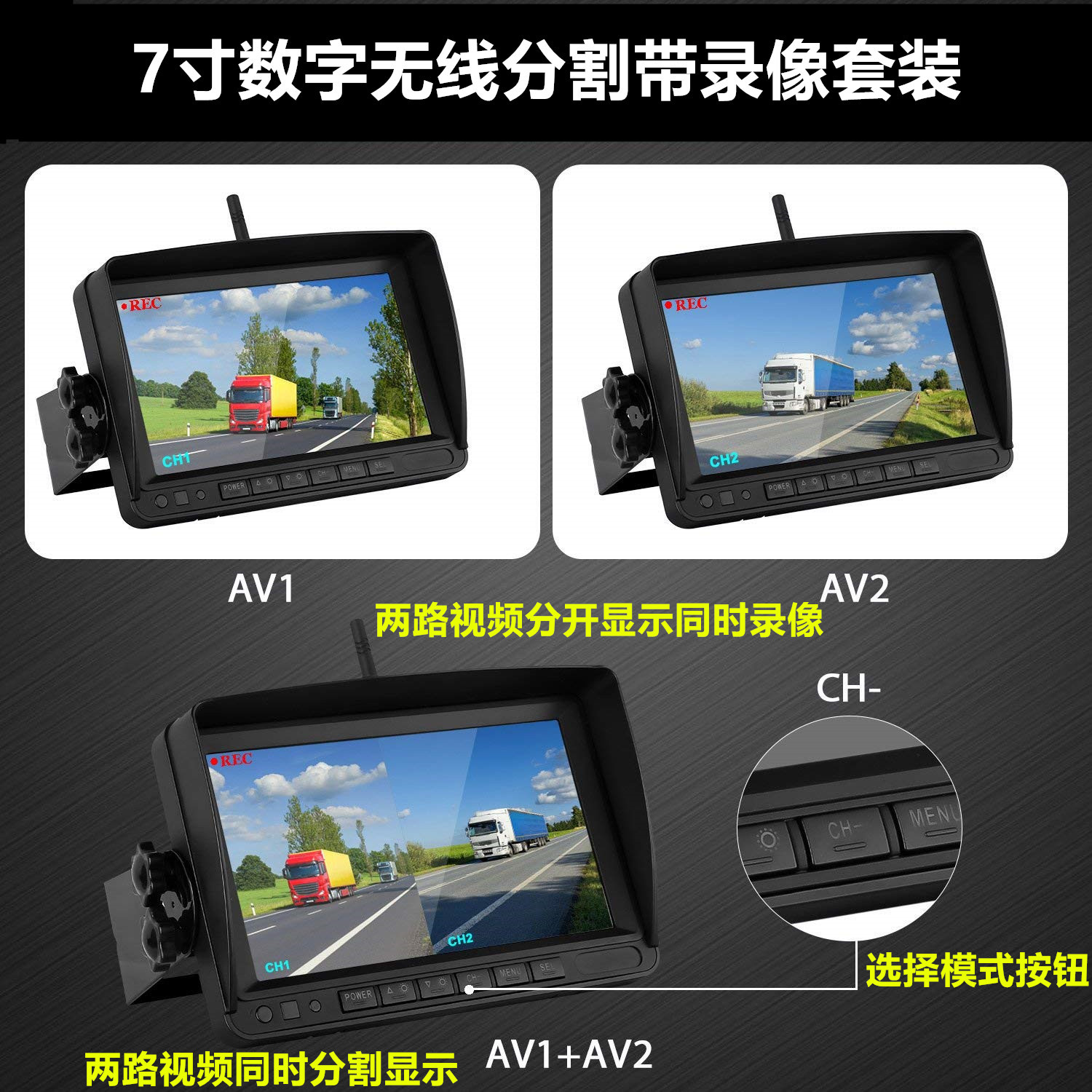7寸AHD数字无线显示器,同显两画面,配AHD摄像头,抗干扰,传输稳定